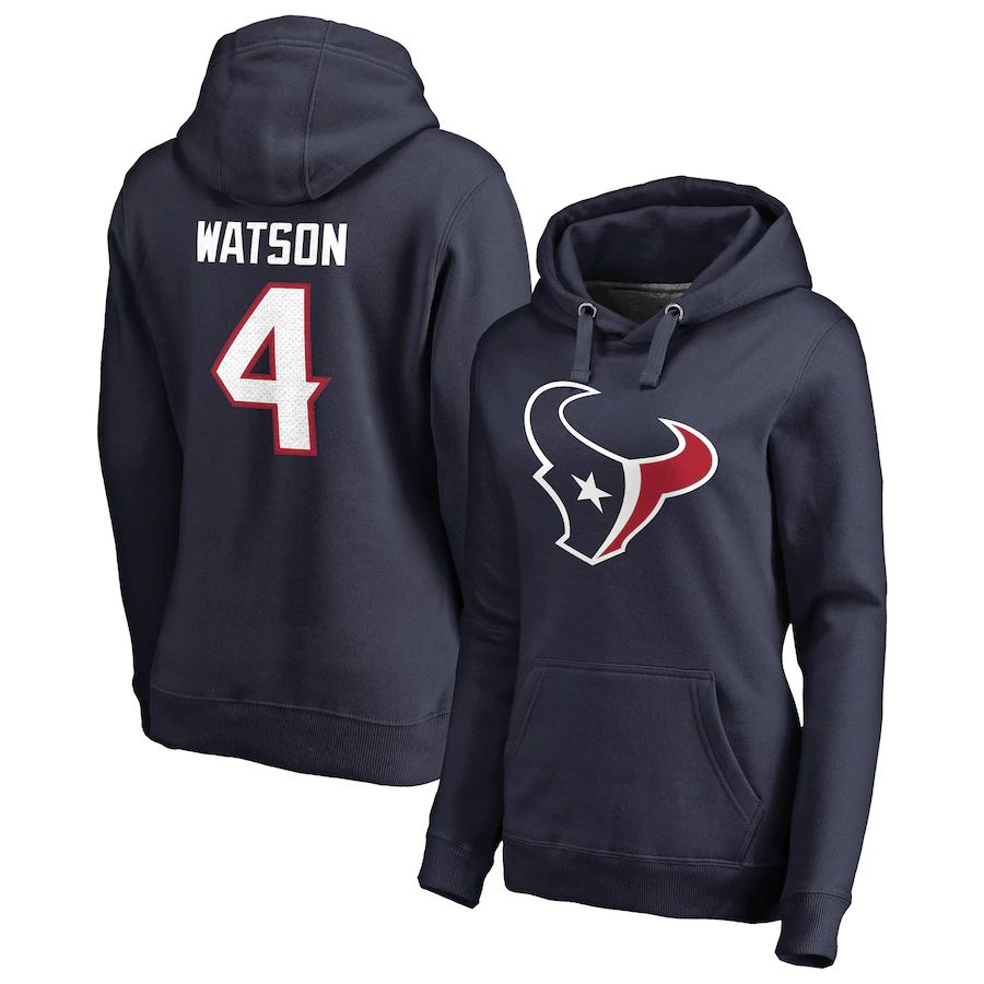 Women Houston Texans #4 Deshaun Watson NFL Pro Line by Fanatics Branded Navy Player Icon Name & Number Pullover Hoodie->women nfl jersey->Women Jersey